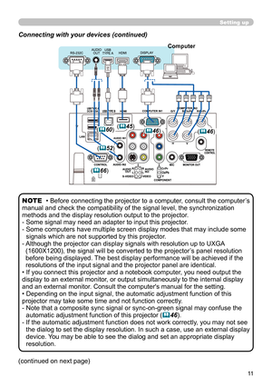 Page 1111
Setting up
Connecting with your devices (continued)
• Before connecting the projector to a computer, consult the computer’s 
manual and check the compatibility of the signal level, the synchronization 
methods and the display resolution output to the projector. 
-   Some signal may need an adapter to input this projector.
-   Some computers have multiple screen display modes that may include some 
signals which are not supported by this projector.
-    Although the projector can display signals with...