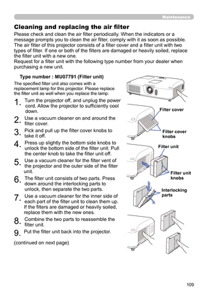 Page 109109
Maintenance
Cleaning and replacing the air fi lter
Please check and clean the air fi lter periodically. When the indicators or a 
message prompts you to clean the air fi lter, comply with it as soon as possible.
The air fi lter of this projector consists of a fi lter cover and a fi lter unit with two 
types of fi lter. If one or both of the fi lters are damaged or heavily soiled, replace 
the fi lter unit with a new one.
Request for a fi lter unit with the following type number from your dealer when...