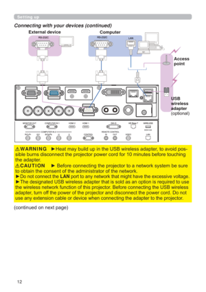 Page 1212
Setting up
Connecting with your devices (continued)
FRQWLQXHGRQQH[WSDJH


y
RQRWFRQQHFWWKHLAN
yVUHTXLUHGWRXVH
WKHZLUHOHVVQHWZRUNIXQFWLRQRIWKLVSURMHFWRU%HIRUHFRQQHFWLQJWKH86%ZLUHOHVV
DGDSWHUWXUQRIIWKHSRZHURIWKHSURMHFWRUDQGGLVFRQQHFWWKHSRZHUFRUGRQRW
RWKHSURMHFWRU
CAUTION
y+HDWPD\EXLOGXSLQWKH86%ZLUHOHVVDGDSWHUWRDYRLGSRV
EHIRUHWRXFKLQJ
WKHDGDSWHUWARNING
Computer
Access 
point
USB 
wireless 
adapter 
RSWLRQDO External device 