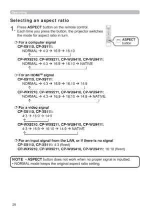 Page 2828
Selecting an aspect ratio
€  For a computer signal 
CP-X9110, CP-X9111:
 1250$/ÆÆ16:9Æ16:10
 

CP-WX9210CP-WX9211, CP-WU9410, CP-WU9411: 
 1250$/ÆÆ16:9Æ16:10Æ1$7,9(
 
€For a video signal 
CP-X9110, CP-X9111:
Æ16:9Æ14:9


CP-WX9210CP-WX9211, CP-WU9410, CP-WU9411: 
Æ16:9Æ16:10Æ14:9Æ1$7,9(

€  For an input signal from the LAN, or if there is no signal  
CP-X9110, CP-X9111:¿[HG
CP-WX9210CP-WX9211, CP-WU9410,...