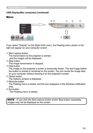 Page 101101
Presentation toolsPresentation tools
USB Display(Mac computer) (continued)
Menu
If you select “Display” on the Right-Click menu, the Floating menu shown in the 
right will appear on your computer screen.
 Start capture buttonThe transmission to the projector is started  
 and the images will be displayed.
 Stop button The image transmission is stopped.
 Hold button The image on the projector’s screen is temporally frozen. The last image before 
the button is clicked is remained on the screen. You...