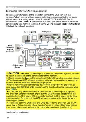 Page 1414
Setting up
USB storage device
Connecting with your devices  (continued)
To use network functions of the projector, connect the LAN port with the 
computer's LAN port, or with an access point that is connected to the computer 
with wireless LAN, using a LAN cable. To use NETWORK BRIDGE function, 
also connect the  CONTROL port and an RS-232C port of the external device to 
communicate as a network terminal. See the  User's Manual - Network Guide for 
details of the network functions.
►Before...