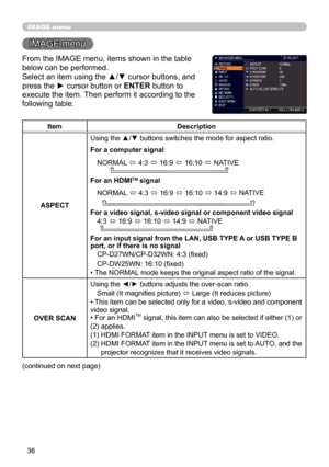 Page 3636
IMAGE menu
IMAGE menu
From the IMAGE menu, items shown in the table 
below can be performed.
Select an item using the ▲/▼ cursor buttons, and 
press the ► cursor button or ENTER button to 
execute the item. Then perform it according to the 
following table.
ItemDescription
ASPECT Using the ▲/▼ buttons switches the mode for aspect ratio. 
For a computer signal
NORMAL  ó 4:3 
ó 16:9 
ó 16:10 
ó NATIVE
          
For an HDMITM signal
NORMAL  
ó  
4:3  
ó  
16:9  
ó  
16:10  
ó  
14:9  
ó  NATIVE
 
  
For...