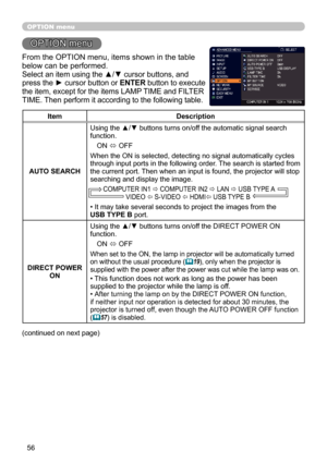 Page 5656
OPTION menu
OPTION menu
From the OPTION menu, items shown in the table 
below can be performed.
Select an item using the ▲/▼ cursor buttons, and 
press the ► cursor button or ENTER button to execute 
the item, except for the items LAMP TIME and FILTER 
TIME. Then perform it according to the following table.
ItemDescription
AUTO SEARCH Using the ▲/▼ buttons turns on/off the automatic signal search 
function.
ON  ó OFF
When the ON is selected, detecting no signal automatically cycles 
through input...