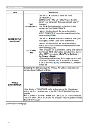 Page 7474
NETWORK menu
ItemDescription
WIRED SETUP (continued) TIME 
DIFFERENCE Use the ▲/▼
 buttons to enter the TIME 
DIFFERENCE. 
Set the same TIME DIFFERENCE as the one 
set on your computer. If unsure, consult your IT 
manager. 
Use the ► button to return to the menu after 
setting the TIME DIFFERENCE.
• When this item is set, the same item in the 
WIRELESS SETUP menu is overwritten with the 
same setting (
 69).
DATE AND  TIME Use the ▲/▼
/◄/► buttons to enter the Year (last 
two digits), Month, Date,...