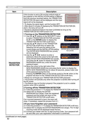 Page 8282
SECURITY menu
ItemDescription
TRANSITION  DETECTOR
If this function is set to ON and the vertical angle of
the projector or the INSTALLATION setting is different
from the previous recorded setting, the TRANSITION
DETECTOR ON alarm will be displayed and the input
signal will not be displayed.
• To display the signal again, set this function OFF.
• After about 5 minutes of displaying the TRANSITION DETECTOR ON 
alarm, the lamp will turn off.
• Keystone adjustment feature has been prohibited as long as...