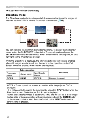 Page 9292
Presentation tools
PC-LESS Presentation (continued)
Slideshow mode
While the Slideshow is displayed, the following button operations are enabled 
when still images are displayed, and the same button operations in the Full 
Screen mode are enabled when movies are displayed. 
• These operations are not accessible while the projector OSD is 
displayed.
• It is not possible to change the input port by using the  INPUT button when the 
Thumbnail screen, Slideshow, or Full Screen is displayed.
•  When the...