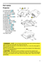 Page 55
Introduction
(1) Control panel (6)
(2)   Lamp cover (
103) 
The lamp unit is inside.
(3) Remote sensor (
17)
(4) Lens (
107)
(5)   AC IN (AC inlet) (
16)
(6) Ports (
6)
(7) Exhaust vent
(8) Speaker (
13, 21, 48)
(9) Elevator feet (x 2) (
24)
(10) Spacer (
24)
(11 ) Security slot (
16)
(12) Security bar (
16)
(13) Strap hole (
4)
(14) FOCUS ring (
24)
(15)   Filter cover (
105) 
The air filter and intake 
vent are inside.
(16) Intake vents
►HOT! : Do not touch around the lamp cover and the...