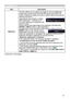 Page 5151
SCREEN menu
ItemDescription
MyScreen This item allows you to capture an image for use as a MyScreen 
image which can be used as the BLANK screen and START UP 
screen. Display the image you want to capture before executing the 
following procedure.
Selecting this item displays a dialog 
titled “MyScreen”. It will ask you if 
you start capturing an image from the 
current screen.
Please wait for the target image to be displayed, and press the 
ENTER or INPUT button to start registration.
To restore the...