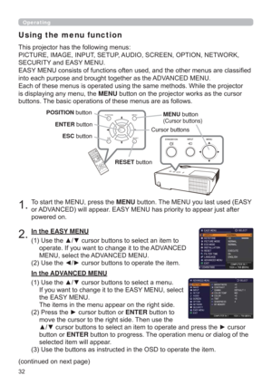 Page 32
Operating
7RVWDUWWKH0(18SUHVVWKHMENUEXWWRQ7KH0(18\RXODVWXVHG($6