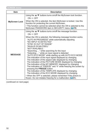 Page 5252
SCREEN menu
Item Description
MyScreen Lock8VLQJWKHxzEXWWRQVWXUQVRQRIIWKH0\6FUHHQORFNIXQFWLRQ
21
Ù2))

IXQFWLRQIRUSURWHFWLQJWKHFXUUHQW0\6FUHHQ
