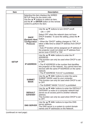 Page 6767
NETWORK menu
Item Description
SETUP6HOHFWLQJWKLVLWHPGLVSOD\VWKH:,5(
6(783PHQXIRUWKHZLUHG/$1
8VHWKHxzEXWWRQVWRVHOHFWDQLWHP
DQGWKHyRUENTEREXWWRQRQWKHUHPRWH
FRQWUROWRSHUIRUPWKHLWHP
DHCP  
(Dynamic Host 
&RQ¿JXUDWLRQ
Protocol)8VHWKHxzEXWWRQVWRWXUQ+&3RQRII
21
Ù2))
6HOHFW2))ZKHQWKHQHWZRUNGRHVQRWKDYH
+&3HQDEOHG7RVDYHWKHVHWWLQJSUHVVWKHy
EXWWRQ
‡:KHQWKH³+&3´VHWWLQJFKDQJHVWR³21´LW...