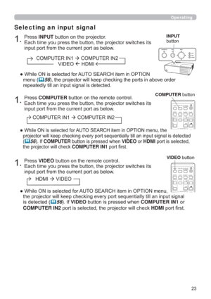 Page 23
3UHVVINPUTEXWWRQRQWKHSURMHFWRU

LQSXWSRUWIURPWKHFXUUHQWSRUWDVEHORZ
Selecting an input signal
”:KLOH21LVVHOHFWHGIRU$8726($5&+LWHPLQ237,21
PHQX
	56
UHSHDWHGO\WLOODQLQSXWVLJQDOLVGHWHFWHG
3UHVVVIDEOEXWWRQRQWKHUHPRWHFRQWURO

LQSXWSRUWIURPWKHFXUUHQWSRUWDVEHORZ
”:KLOH21LVVHOHFWHGIRU$8726($5&+LWHPLQ237,21PHQX
QLQSXWVLJQDO
LVGHWHFWHG
	56,IVIDEOEXWWRQLVSUHVVHGZKHQCOMPUTER IN1RU
COMPUTER IN2...