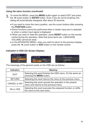 Page 33
Using the menu function (continued)
7RFORVHWKH0(18SUHVVWKHMENUEXWWRQDJDLQRUVHOHFW(;,7DQGSUHVV
WKH{FXUVRUEXWWRQRUENTEREXWWRQ(YHQLI\RXGRQRWGRDQ\WKLQJWKH

”IWHUSUHVVLQJ
WKHPOSITIONEXWWRQ
”VHOHFWHG
RUZKHQDFHUWDLQLQSXWVLJQDOLVGLVSOD\HG
”:KHQ\RXZDQWWRUHVHWWKHRSHUDWLRQSUHVVRESETEXWWRQRQWKHUHPRWH
(
92/80(FDQQRWEHUHVHW
”,QWKH$9$1&(0(18ZKHQ\RXZDQWWRUHWXUQWRWKHSUHYLRXVGLVSOD\...