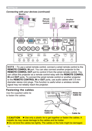 Page 1414
Setting up
Connecting with your devices (continued)
WRWKH
REMOTE CONROL IN
REMOTE CONROL OUT
REMOTE CONROL 
INDQGOUTU
WRWKHREMOTE CONTROL INRUOUTSRUWVXVHDXGLRFDEOHVZLWKPP
OHVVUHPRWH
VLJQDOPD\QRWUHOLDEO\UHDFKWKHSURMHFWRUNOTE
(Wired) 
Remote 
control Monitor
Another 
projector
y8VHRQO\DSODVWLFWLHWRJHWWRJHWKHURUIDVWHQWKHFDEOHV$
PHWDOOLFWLHPD\FDXVHGDPDJHWRWKHFDEOHVDQGWLHKROGHU...