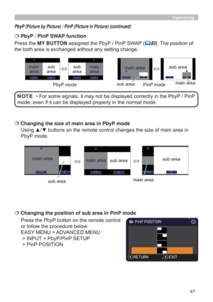 Page 4747
QDUHDLQ
3E\3PRGH €  Changing the size of main area in PbyP mode
3UHVVWKH3E\3EXWWRQRQWKHUHPRWHFRQWURO
RUIROORZWKHSURFHGXUHEHORZ
($6