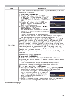 Page 9595
Security
Item Description
PIN LOCK
XVHGXQOHVV
DUHJLVWHUHG&RGHLVLQSXW
1 Turning on the PIN LOCK8VHWKHxzEXWWRQVRQWKH6(&85,7