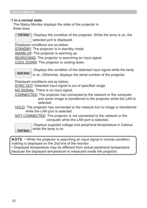 Page 2222
Status Monitor  
€  In a normal state  

WKUHHOLQHV
1st lineLVSOD\VWKHFRQGLWLRQRIWKHSURMHFWRU:KLOHWKHODPSLVRQWKH
VHOHFWHGSRUWLVGLVSOD\HG
LVSOD\HGFRQGLWLRQVDUHDVEHORZ
67$1%