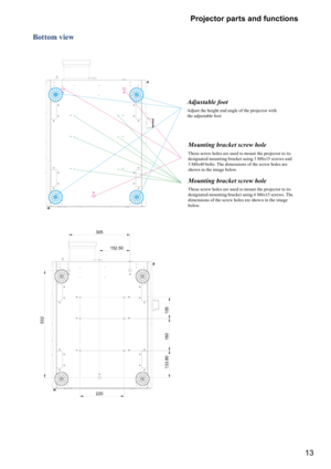 Page 1313 Projector parts and functions
Bottom view







Adjustable foot
Adjust the height and angle of the projector with 
the adjustable foot
Mounting bracket screw hole
These screw holes are used to mount the projector to its 
designated mounting bracket using 3 M8x15 screws and 
3 M8x40 bolts. The dimensions of the screw holes are 
shown in the image below.
Mounting bracket screw hole
These screw holes are used to mount the projector to its 
designated mounting...