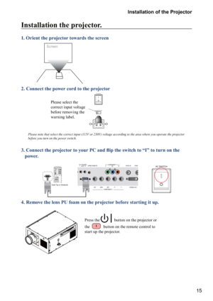 Page 1515 Installation of the Projector
Installation the projector.
1. Orient the projector towards the screen
        
Screen
2. Connect the power cord to the projector       
  
AC SWITCH
VOLTAGE SELECT
Please select the 
correct input voltage 
before removing the 
warning label.
 
&



**+-
/8




before you turn on the power switch.
	


	





	
$%&




power.
 
COMPONENT 2SDI / HDSDI...