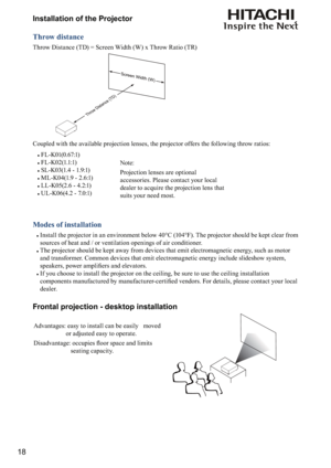 Page 1818Installation of the Projector
Throw distance
Throw Distance (TD) = Screen Width (W) x Throw Ratio (TR)
 
Screen Width (W)
Throw Distance (TD)
Coupled with the available projection lenses, the projector offers the following throw ratios:
#
FL-K01(0.67:1)
#
FL-K02(1.1:1)
#
SL-K03(1.4 - 1.9:1)
#
ML-K04(1.9 - 2.6:1)
#
LL-K05(2.6 - 4.2:1)
#
UL-K06(4.2 - 7.0:1)Note:
Projection lenses are optional 
accessories. Please contact your local 
dealer to acquire the projection lens that 
suits your need most.
Modes...