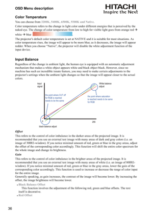 Page 3636OSD Menu description
Color Temperature
You can choose from 3200K, 5400K, 6500K, 9300K and Native.
Color temperature refers to the change in light color under different energies that is perceived by the 
naked eye. The change of color temperature from low to high for visible light goes from orange red  
white  blue  
.
J

+
	


	




	

