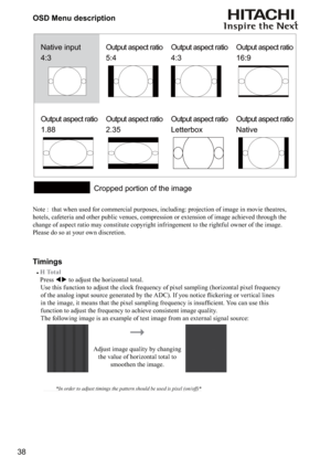 Page 3838OSD Menu description
Native input 
4:3Output aspect ratio
16:9
Output aspect ratio
1.88Output aspect ratio
2.35 Output aspect ratio
5:4Output aspect ratio
4:3
Output aspect ratio
Native  Output aspect ratio
Letterbox
Cropped portion of the image
Note :  that when used for commercial purposes, including: projection of image in movie theatres, 
hotels, cafeteria and other public venues, compression or extension of image achieved through the 
change of aspect ratio may constitute copyright infringement to...