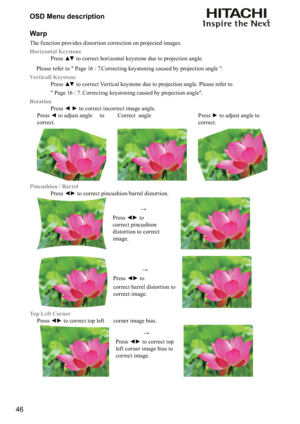 Page 4646OSD Menu description
Warp
The function provides distortion correction on projected images.
Horizontal Keystone 

 
