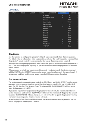 Page 5050OSD Menu description
CONTROL
IR Address
[








+
