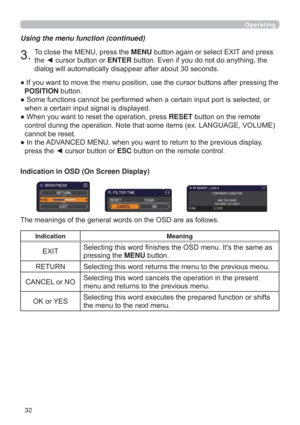 Page 3232
Operating
Using the menu function (continued)
7RFORVHWKH0(18SUHVVWKHMENUEXWWRQDJDLQRUVHOHFW(;,7DQGSUHVV
WKH{FXUVRUEXWWRQRUENTEREXWWRQ(YHQLI\RXGRQRWGRDQ\WKLQJWKH

”IWHUSUHVVLQJWKH
POSITIONEXWWRQ
”VHOHFWHGRU
ZKHQDFHUWDLQLQSXWVLJQDOLVGLVSOD\HG
”:KHQ\RXZDQWWRUHVHWWKHRSHUDWLRQSUHVVRESETEXWWRQRQWKHUHPRWH
(92/80(
FDQQRWEHUHVHW
”,QWKH$9$1&(0(18ZKHQ\RXZDQWWRUHWXUQWRWKHSUHYLRXVGLVSOD\...