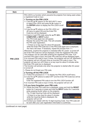 Page 7777
SECURITY menu
Item Description
PIN LOCK
XVHGXQOHVV
DUHJLVWHUHG&RGHLVLQSXW
1 Turning on the PIN LOCK8VHWKHxzEXWWRQVRQWKH6(&85,7