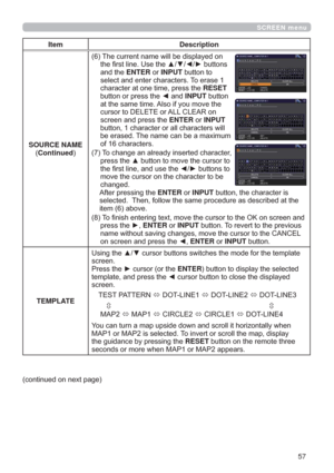 Page 5757
SCREEN menu
Item Description
SOURCE NAME
Continued
7KHFXUUHQWQDPHZLOOEHGLVSOD\HGRQ
WKH¿UVWOLQH8VHWKHxz{yEXWWRQV
DQGWKHENTERRUINPUTEXWWRQWR
VHOHFWDQGHQWHUFKDUDFWHUV7RHUDVH
FKDUDFWHUDWRQHWLPHSUHVVWKHRESET
EXWWRQRUSUHVVWKH{DQGINPUTEXWWRQ
DWWKHVDPHWLPH$OVRLI\RXPRYHWKH
FXUVRUWR(/(7(RU$//&/($5RQ
VFUHHQDQGSUHVVWKHENTERRUINPUT
EXWWRQFKDUDFWHURUDOOFKDUDFWHUVZLOO
EHHUDVHG7KHQDPHFDQEHDPD[LPXP...