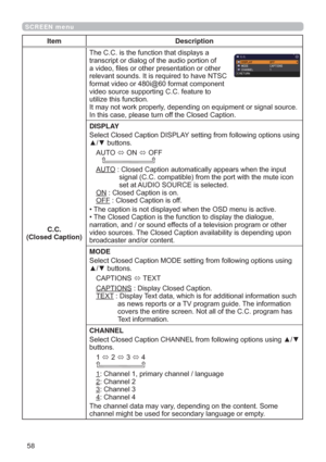 Page 5858
SCREEN menu
Item Description
C.C.
(Closed Caption)7KH&&LVWKHIXQFWLRQWKDWGLVSOD\VD
WUDQVFULSWRUGLDORJRIWKHDXGLRSRUWLRQRI
DYLGHR¿OHVRURWKHUSUHVHQWDWLRQRURWKHU
UHOHYDQWVRXQGV,WLVUHTXLUHGWRKDYH176&
IRUPDWYLGHRRUL#IRUPDWFRPSRQHQW
YLGHRVRXUFHVXSSRUWLQJ&&IHDWXUHWR
XWLOL]HWKLVIXQFWLRQ
,WPD\QRWZRUNSURSHUO\GHSHQGLQJRQHTXLSPHQWRUVLJQDOVRXUFH
,QWKLVFDVHSOHDVHWXUQRIIWKH&ORVHG&DSWLRQ
DISPLAY
6HOHFW&ORVHG&DSWLRQ,63/$