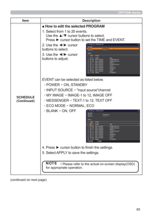 Page 6565
OPTION menu
Item Description
SCHEDULE
Continued
vHow to edit the selected PROGRAM
6HOHFWIURPWRHYHQWV
8VHWKHxzFXUVRUEXWWRQVWRVHOHFW
3UHVVyFXUVRUEXWWRQWRVHWWKH7,0(DQG(9(17
8VHWKH{yFXUVRU
EXWWRQVWRVHOHFW
8VHWKH{yFXUVRU
EXWWRQVWRDGMXVW
(9(17FDQEHVHOHFWHGDVOLVWHGEHORZ
