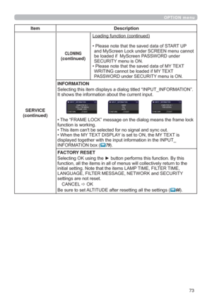 Page 7373
OPTION menu
Item Description
SERVICE
(continued)
CLONING(continued)
/RDGLQJIXQFWLRQFRQWLQXHG
‡
3OHDVHQRWHWKDWWKHVDYHGGDWDRI67$5783
DQG0\6FUHHQ/RFNXQGHU6&5((1PHQXFDQQRW
EHORDGHGLI0\6FUHHQ3$66:25XQGHU
6(&85,7