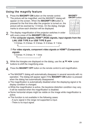 Page 2929
CALIBRATION
ASPECTACCENTUALIZERHDCR
IWB
AUTO
PAGE
DOWN
ON
OFF
UP

FOCUSD-ZOOM
>)
î
VOLUMEMAGNIFYMYBUTTON
INPUT
Operating

Using the magnify feature



3UHVVWKHMAGNIFY ONEXWWRQRQWKHUHPRWHFRQWURO
7KHSLFWXUHZLOOEHPDJQL