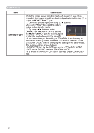 Page 5050
SETUP menu
Item Description
MONITOR OUT
V
SLV
RXWSXWWRMONITOR OUTSRUW
&KRRVHDSLFWXUHLQSXWSRUWXVLQJxzEXWWRQV
&KRRVH67$1%