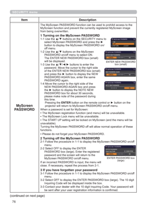 Page 7676
SECURITY menu
Item Description
MyScreen 
PASSWORD
7KH0\6FUHHQ3$66:25IXQFWLRQFDQEHXVHGWRSURKLELWDFFHVVWRWKH
LPDJH
IURPEHLQJRYHUZULWWHQ
1 Turning on the MyScreen PASSWORD8VHWKHxzEXWWRQVRQWKH6(&85,7