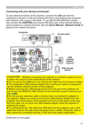 Page 1313
Setting up
USB storage 
device
Connecting with your devices (continued)
7RXVHQHWZRUNIXQFWLRQVRIWKHSURMHFWRUFRQQHFWWKHLANSRUWZLWKWKH
WRWKHFRPSXWHU
ZLWKZLUHOHVV/$1XVLQJD/$1FDEOH7RXVH1(7:25.%5,*(IXQFWLRQ
DOVRFRQQHFWWKHCONTROL
FRPPXQLFDWHDVDQHWZRUNWHUPLQDO6HHWKH Users Manual - Network GuideIRU
GHWDLOVRIWKHQHWZRUNIXQFWLRQV


y
RQRWFRQQHFWWKHLAN
LVUHTXLUHGWR
XVHWKHZLUHOHVVQHWZRUNIXQFWLRQRIWKLVSURMHFWRU
RMHFWRUEH
VHFXUH\RXU
GDWD
	83)...