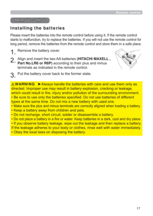 Page 1717
Remote control
5HPRWHFRQWURO
Installing the batteries
JLW,IWKHUHPRWHFRQWURO
OQRWXVHWKHUHPRWHFRQWUROIRU
WRUHWKHPLQDVDIHSODFH
5HPRYHWKHEDWWHU\FRYHU
$OLJQDQGLQVHUWWKHWZR$$EDWWHULHV(HITACHI MAXELL ,  
Part No.LR6 or R6P)DFFRUGLQJWRWKHLUSOXVDQGPLQXV
WHUPLQDOVDVLQGLFDWHGLQWKHUHPRWHFRQWURO
3XWWKHEDWWHU\FRYHUEDFNWRWKHIRUPHUVWDWH

JRUOHDNDJH
XQGLQJHQYLURQPHQW
LHVRIGLIIHUHQW

‡
HQORDGLQJDEDWWHU\...