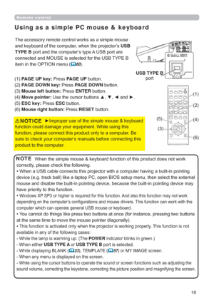 Page 1919
Remote control
Using as a simple PC mouse & keyboard

DQGNH\ERDUGRIWKHFRPSXWHUZKHQWKHSURMHFWRU