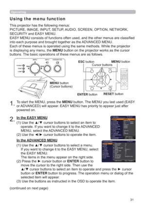 Page 3131
CALIBRATION
KEYSTONE/
ASPECTACCENTUALIZERHDCR
AV MUTE
POSITIONESC MENU
RESET
IWBAUTOPAGEDOWNONOFFFREEZE
UP

ENTER
FOCUSD-ZOOM>)îVOLUMEMAGNIFYMYBUTTON
INPUT
PERFECT FITTEMPLATE
POSITIONESC MENU
RESET
ENTER
Operating
7RVWDUWWKH0(18SUHVVWKHMENUEXWWRQ7KH0(18\RXODVWXVHG($6