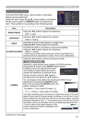 Page 3535
PICTURE menu
3,&785(PHQX
)URPWKH3,&785(PHQXLWHPVVKRZQLQWKHWDEOH
EHORZFDQEHSHUIRUPHG

WKHyFXUVRUEXWWRQRUENTEREXWWRQWRH[HFXWHWKH
LWHP7KHQSHUIRUPLWDFFRUGLQJWRWKHIROORZLQJWDEOH
Item Description
BRIGHTNESS8VLQJWKH
{yEXWWRQVDGMXVWVWKHEULJKWQHVV
DUN
Ù/LJKW
CONTRAST8VLQJWKH
{yEXWWRQVDGMXVWVWKHFRQWUDVW
:HDN
Ù6WURQJ
HDCR$IXQFWLRQWRVKRZDFOHDUSLFWXUHLQDEULJKWURRP
8VLQJWKH{yEXWWRQVDGMXVWVWKHFRQWUDVW
ACCENTUALIZER...