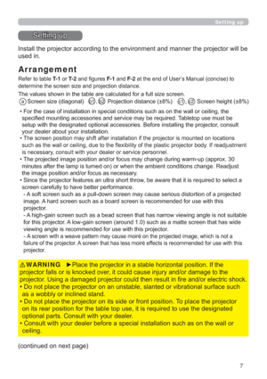 Page 77
Setting up
6HWWLQJXS
FRQWLQXHGRQQH[WSDJH KHSURMHFWRUZLOOEH
XVHGLQ
Arrangement
5HIHUWRWDEOHT- 1RUT- 2DQG¿JXUHVF-1DQGF-2DWWKHHQGRI8VHU