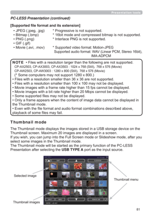 Page 8181
Presentation toolsPresentation tools
SRUWHG
&3$;&3$;&3$;[6WLOO|[0RYLH
&3$:&3$:[6WLOO|[0RYLH

6RPHFRPSXWHUVPD\QRWVXSSRUW[
G
SOD\HG
LVSOD\HG
VSOD\HG
‡6RPHVXSSRUWHG¿OHVPD\QRWEHGLVSOD\HG
GLVSOD\HGLQ
WKH7KXPEQDLOPRGH
EHGDERYH
SOD\EDFNRIVRPH¿OHVPD\IDLO NOTE >6XSSRUWHG¿OHIRUPDWDQGLWVH[WHQVLRQ@
