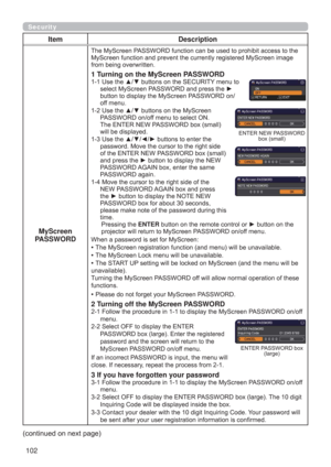 Page 102102
Security
Item Description
MyScreen 
PASSWORD
7KH0\6FUHHQ3$66:25IXQFWLRQFDQEHXVHGWRSURKLELWDFFHVVWRWKH
LPDJH
IURPEHLQJRYHUZULWWHQ
1 Turning on the MyScreen PASSWORD
8VHWKHxzEXWWRQVRQWKH6(&85,7