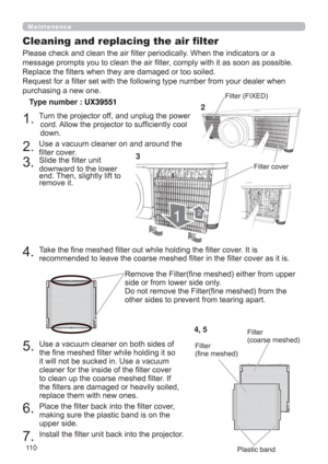 Page 11011 0
Maintenance

8VHDYDFXXPFOHDQHURQERWKVLGHVRI
WKH¿QHPHVKHG¿OWHUZKLOHKROGLQJLWVR
LWZLOOQRWEHVXFNHGLQ8VHDYDFXXP
FOHDQHUIRUWKHLQVLGHRIWKH¿OWHUFRYHU
WRFOHDQXSWKHFRDUVHPHVKHG