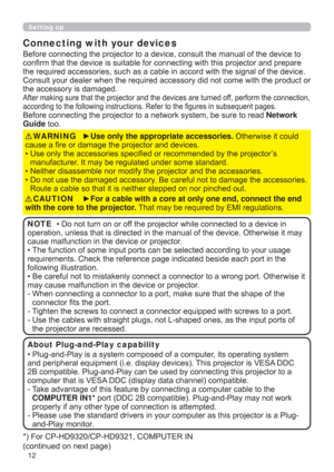 Page 1212
Setting up
Connecting with your devices
RIWKHGHYLFHWR
MHFWRUDQGSUHSDUH
JQDORIWKHGHYLFH
WKWKHSURGXFWRU
WKHDFFHVVRU\LVGDPDJHG
RIISHUIRUPWKHFRQQHFWLRQ
VXEVHTXHQWSDJHV
UHDGNetwork 
GuideWRR
yUse only the appropriate accessories.2WKHUZLVHLWFRXOG
FDXVHD¿UHRUGDPDJHWKHSURMHFWRUDQGGHYLFHV
‡RU