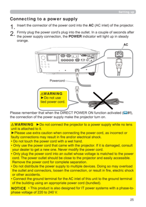 Page 2525
Setting up
Connecting to a power supply

XQLWLVDWWDFKHGWRLW
FRUUHFWRU
IDXOW\FRQQHFWLRQVPD\UHVXOWLQ