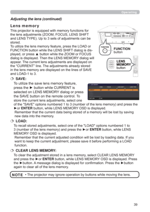 Page 39
Operating
Adjusting the lens (continued)

WKHOHQVDGMXVWPHQWV=220)2&86/(166+,)7
DQG/(167